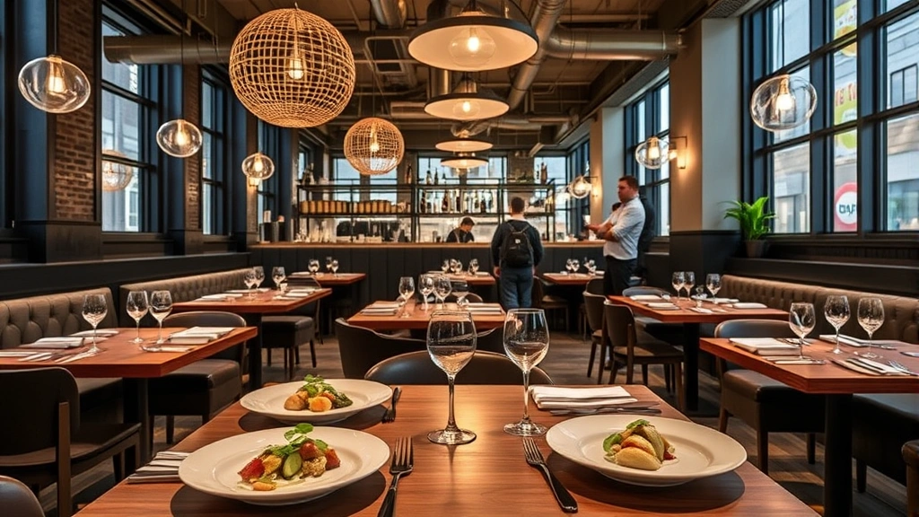 Modern restaurant interior in Fulton Market with plated fine dining dishes, wooden tables, contemporary lighting fixtures, and professional culinary presentation