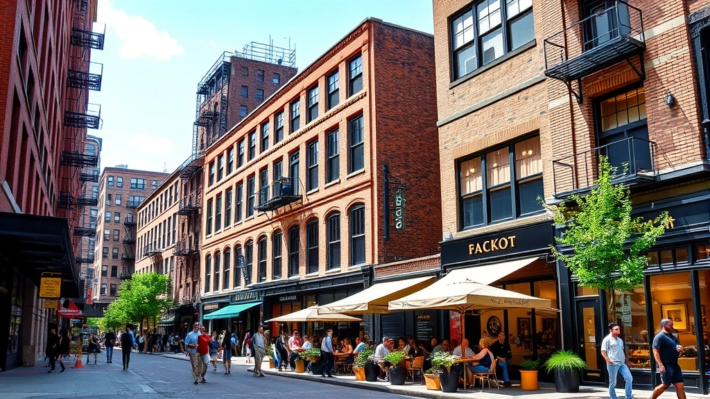 Fulton Market neighborhood street view showing restored brick warehouse architecture, outdoor dining patio with customers, gallery storefronts, and urban pedestrian activity during daytime