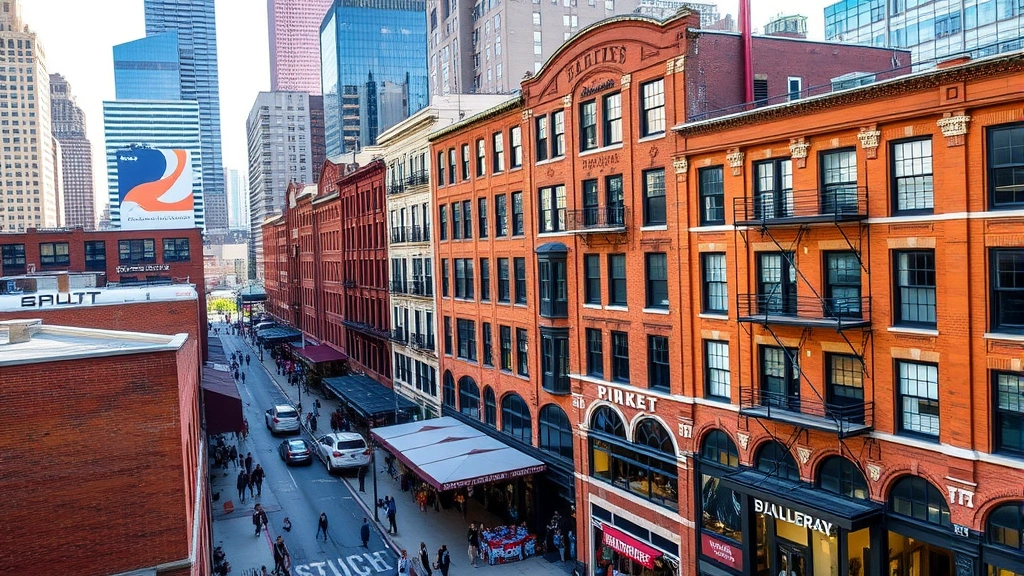 Aerial view of Fulton Market District Chicago showing historic brick warehouse buildings mixed with modern commercial development, bustling street level with pedestrians shopping and dining, natural daylight, urban landscape photography