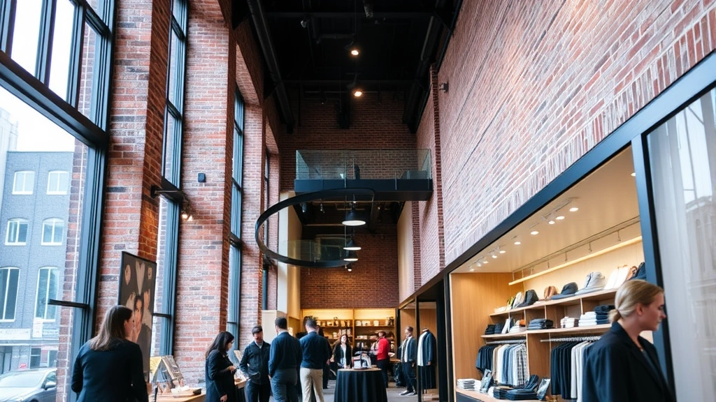 Interior of upscale retail storefront in historic industrial building with exposed brick, modern display fixtures, customers browsing premium merchandise, professional retail environment, natural lighting from large windows