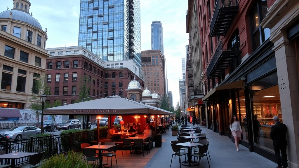 Outdoor dining area in Fulton Market District with restaurant seating, pedestrian walkway, mixed architectural styles blending historic and contemporary buildings, evening ambiance with outdoor lighting, urban lifestyle scene