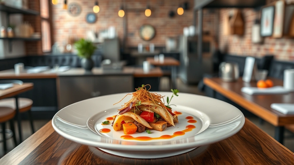 Professional overhead shot of artisanal plated dish with colorful ingredients, garnishes, and sauce presentation on elegant white ceramic plate, restaurant interior with industrial brick walls blurred in background, natural lighting, fine dining ambiance, restaurant kitchen professional setting