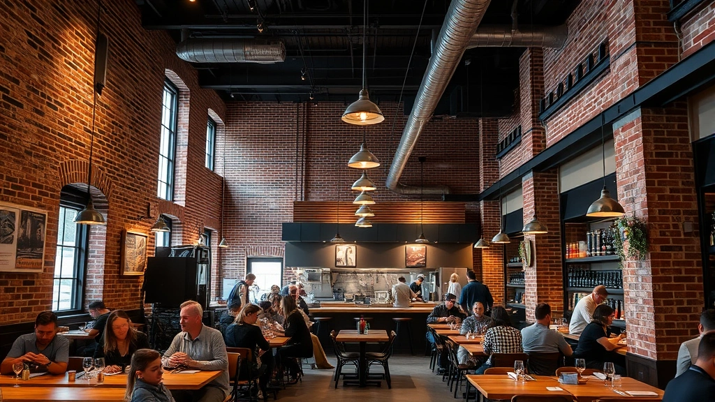 Interior of modern casual restaurant with exposed brick walls, high ceilings, open kitchen visible, diners seated at wooden tables, pendant lighting, contemporary industrial design, warm ambient lighting, bustling atmosphere, food service in progress, professional hospitality environment