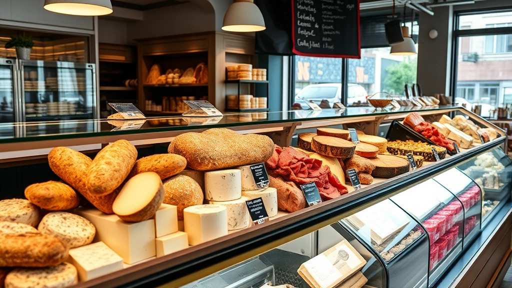 Specialty food market display showing fresh ingredients including artisanal breads, aged cheeses, premium meats in glass cases, professional retail presentation, organized shelving, natural lighting highlighting product quality, food retail environment, culinary ingredients showcase, professional food business setup