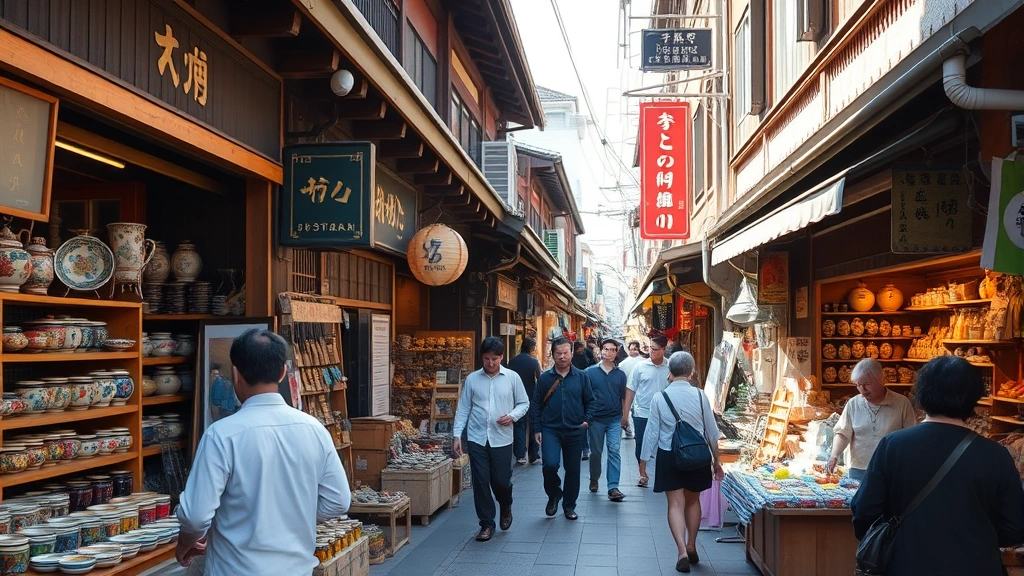 Bustling traditional Japanese market street with wooden storefronts, merchants arranging colorful traditional crafts and ceramics on display shelves, afternoon sunlight creating shadows, customers browsing merchandise, authentic cultural commerce atmosphere without visible signage text