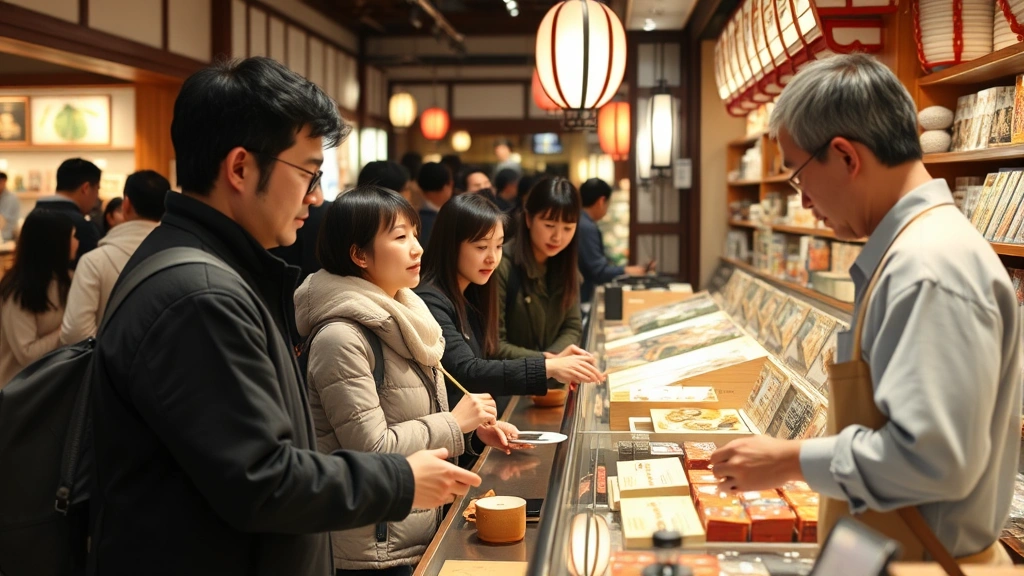 Japanese merchants and international tourists engaged in shopping interaction at traditional retail counter, diverse customer base examining premium products, cultural exchange moment, warm retail environment with traditional architectural elements, authentic marketplace interaction