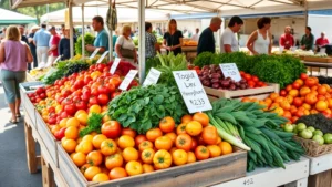 Professional farmers market vendor booth displaying fresh organic produce including vibrant heirloom tomatoes, leafy greens, and seasonal vegetables arranged in wooden crates with clear price signage, customers browsing in soft morning sunlight