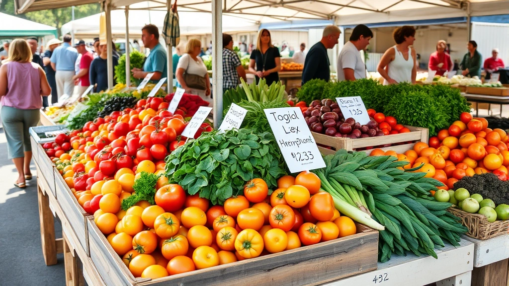 Professional farmers market vendor booth displaying fresh organic produce including vibrant heirloom tomatoes, leafy greens, and seasonal vegetables arranged in wooden crates with clear price signage, customers browsing in soft morning sunlight