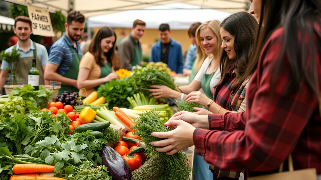 Diverse customers selecting fresh herbs and vegetables at outdoor farmers market, close-up of hands examining produce quality, colorful displays of local farm products with vendors smiling in background