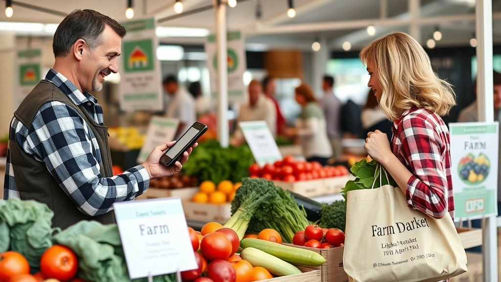 Successful farm market vendor at checkout using digital payment system, customer with full shopping bag of local produce, organized booth with professional signage showing farm name and product information