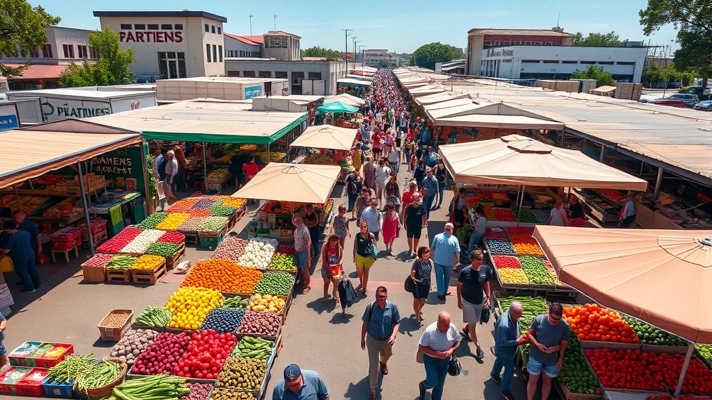 Aerial view of bustling farmers market with colorful produce displays, vendor stalls with umbrellas, and diverse customers browsing fresh vegetables and fruits on a sunny day