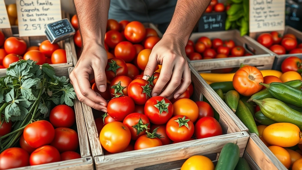 Close-up of farmer's hands arranging heirloom tomatoes and seasonal produce in wooden crates at market stand with handwritten price signs visible in background