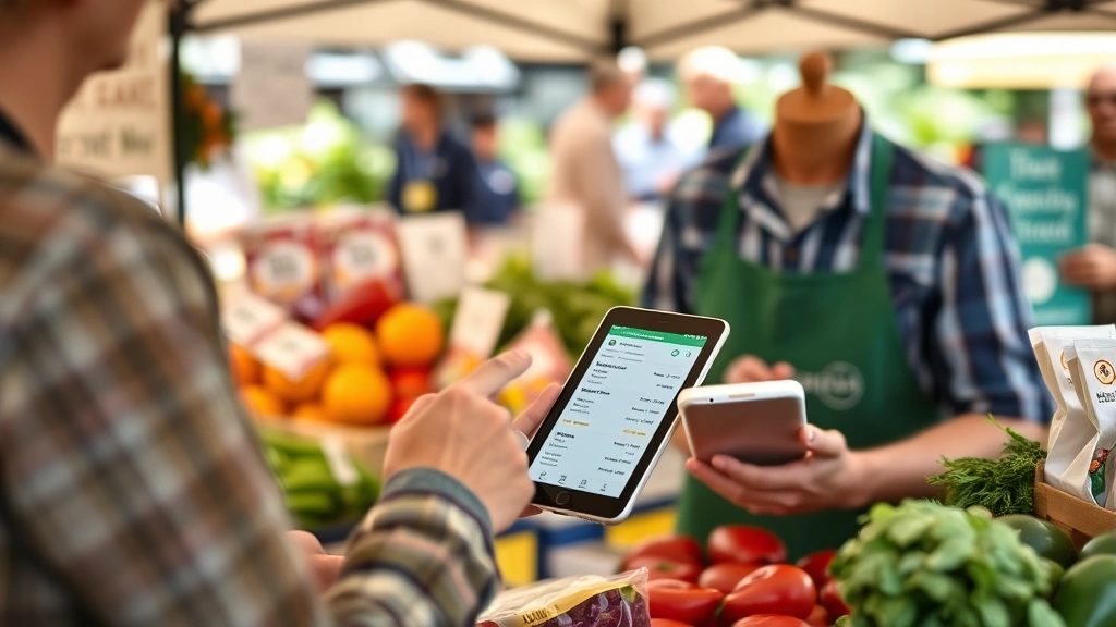 Vendor using tablet and smartphone at farmers market stand to manage pre-orders and digital payments, with fresh produce and branded packaging displayed behind counter