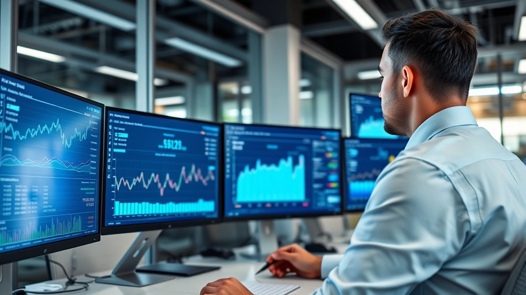 Professional businessperson analyzing payment data on multiple digital screens showing transaction graphs and analytics dashboards in modern office environment