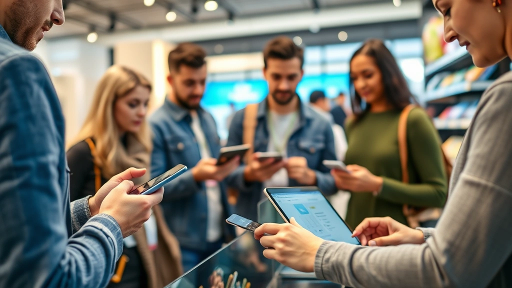 Diverse customers making payments through various methods including smartphone digital wallets, contactless cards, and online checkout on laptop in contemporary retail setting