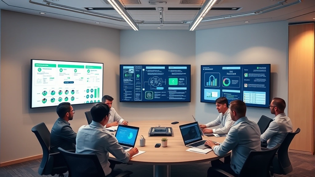 Team of financial technology professionals collaborating around conference table with payment infrastructure diagrams and security protocols displayed on large monitors