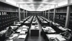Wide-angle photograph of a 1960s Soviet-era office building with rows of workers at desks reviewing documents and statistical reports, filing cabinets lining walls, black and white or muted color palette, showing bureaucratic complexity of centralized planning