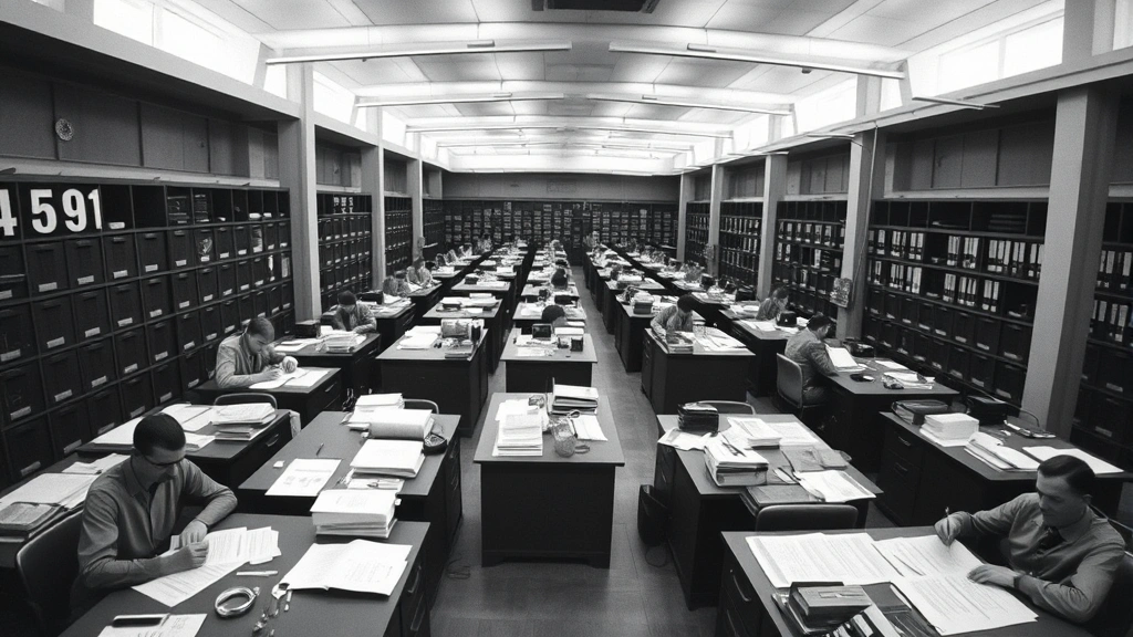 Wide-angle photograph of a 1960s Soviet-era office building with rows of workers at desks reviewing documents and statistical reports, filing cabinets lining walls, black and white or muted color palette, showing bureaucratic complexity of centralized planning