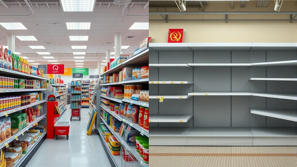 Split-screen comparison image: left side shows a modern retail store with diverse consumer goods and price displays, right side shows an empty Soviet-era store shelf with sparse inventory, illustrating shortage problems from centralized planning versus market abundance