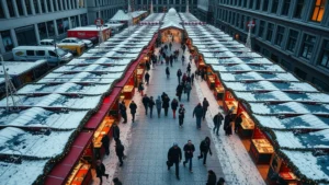 Aerial overhead view of outdoor Christmas market with vendor booths decorated with holiday lights and garland, shoppers browsing between rows of stalls, snow-covered ground, downtown urban setting, professional photography, business-focused, daytime shot
