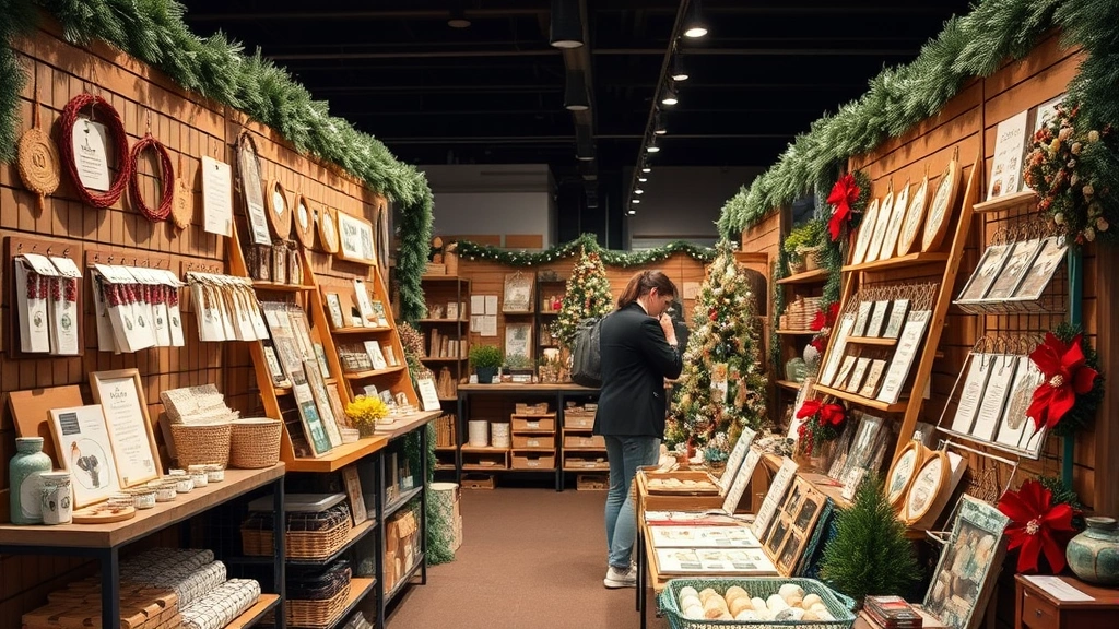 Close-up of vendor booth displaying handmade artisan goods and holiday gifts, professional presentation with warm lighting, merchandise organized on shelves and tables, no signage text visible, holiday decorations, customer interaction moment, retail environment