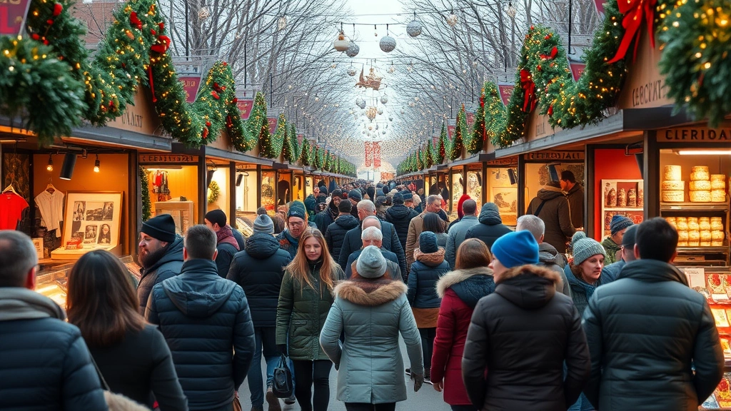 Crowded Christmas market scene with diverse shoppers walking between vendor booths, holiday decorations and string lights overhead, festive atmosphere, winter clothing, natural foot traffic and engagement, outdoor setting, community gathering space, business activity