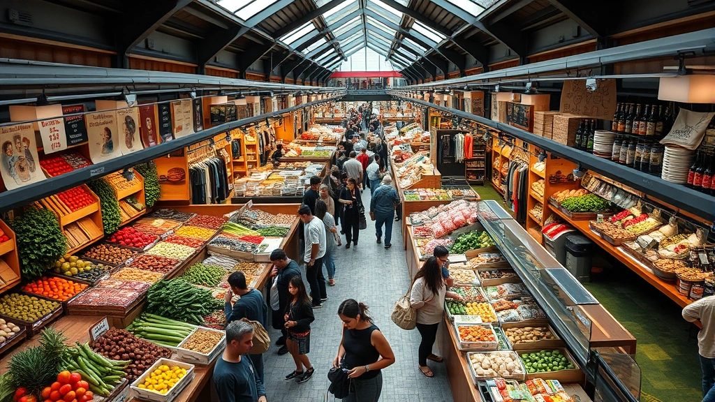 Overhead view of a vibrant public market with multiple vendor stalls displaying fresh produce, artisanal goods, and prepared foods. Diverse customers browsing between wooden and metal vendor counters. Natural lighting from skylights above. Busy but organized shopping environment with colorful vegetables, flowers, and packaged specialty items visible. People holding shopping bags and reusable containers.