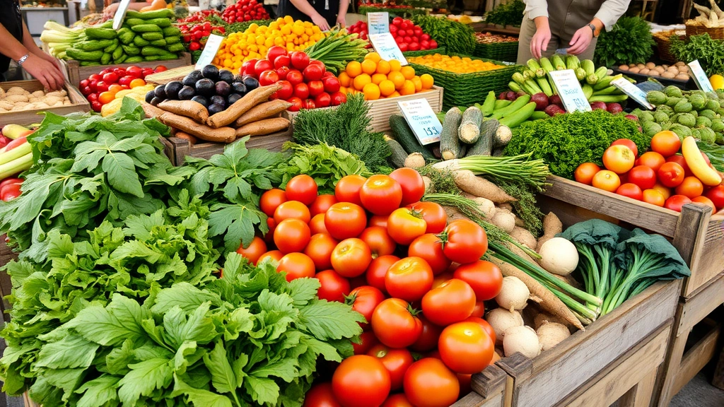 Close-up of a farmers market produce section with abundant fresh vegetables and fruits arranged in rustic wooden crates and baskets. Includes heirloom tomatoes, leafy greens, root vegetables, and seasonal items. Vendor hands arranging or displaying products. Price signs visible but not readable. Natural daylight illuminating the vibrant colors of fresh produce.