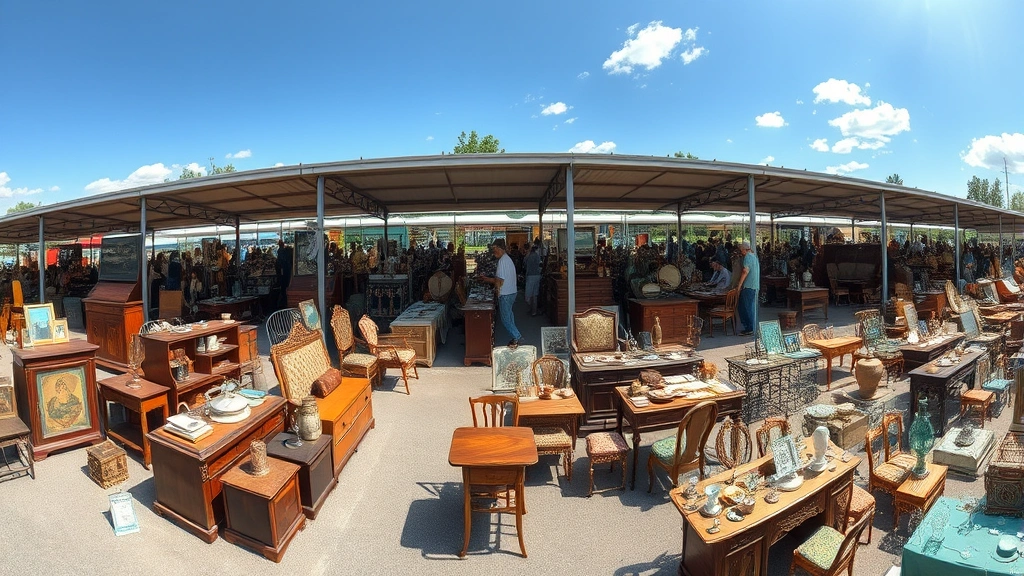 Panoramic view of expansive outdoor flea market with multiple vendor stalls displaying antique furniture, vintage collectibles, and handmade crafts under partially covered structures on sunny day with blue sky