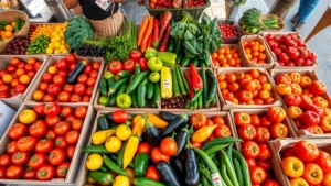 Overhead view of vibrant Greek market produce display with fresh tomatoes, eggplants, peppers, and Mediterranean vegetables arranged in wooden crates and baskets, natural daylight streaming through market windows, colorful and appetizing arrangement
