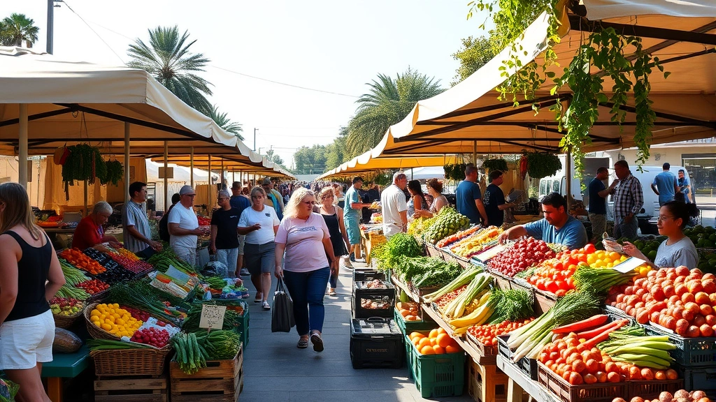 Bustling outdoor farmers market with colorful produce displays, multiple vendor stalls with fresh vegetables and fruits arranged in baskets and crates, customers browsing and selecting items, sunny day with shade umbrellas, diverse community members shopping together, natural vibrant lighting