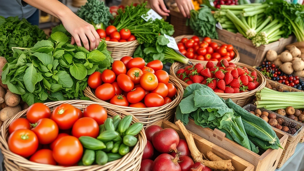 Close-up of fresh market produce including leafy greens, tomatoes, berries, and root vegetables in rustic baskets and wooden displays, hands selecting items, natural daylight, farmers market aesthetic, no price tags or text visible