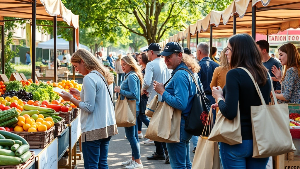 Customers at farmers market vendor stalls holding reusable shopping bags, examining fresh produce up close, outdoor market setting with trees and natural shade, community members of diverse backgrounds engaged in shopping, vibrant morning market atmosphere with natural lighting