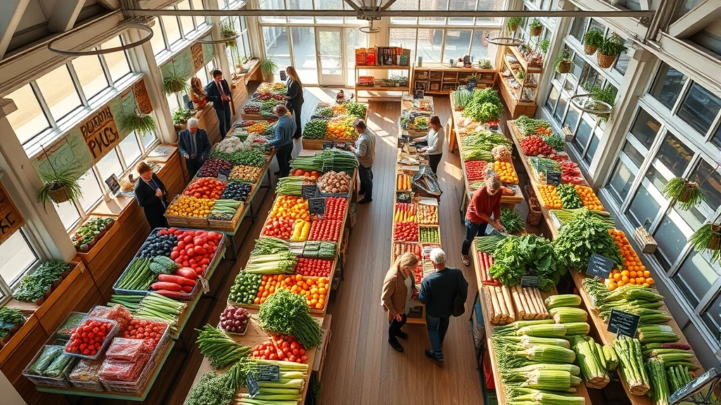 Professional overhead shot of a bright, modern farmers market display with fresh local produce arranged on wooden tables, diverse customers shopping, natural sunlight streaming through large windows, authentic community shopping atmosphere without any visible signage or text