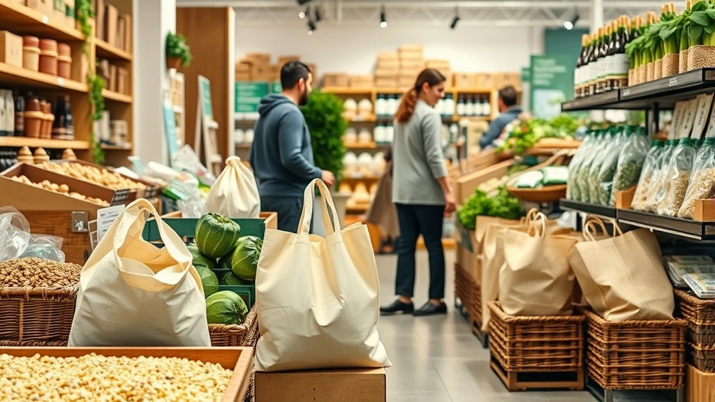 Sustainability-focused image showing reusable shopping bags, bulk bins, and eco-friendly packaging displays in a retail environment, customers making conscious shopping choices, modern sustainable retail practice demonstration without visible text or price tags