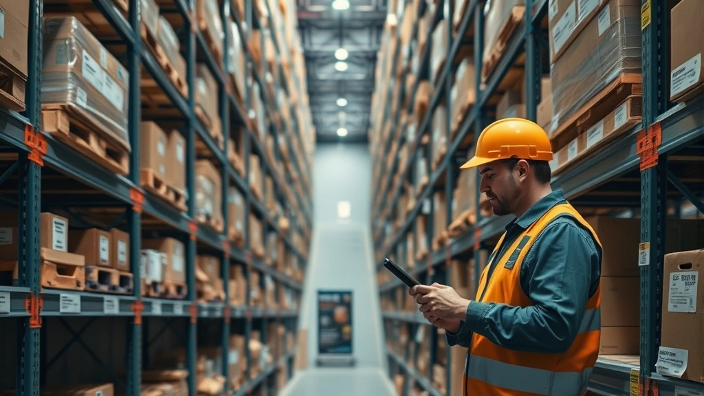 Overhead view of warehouse shelves with organized inventory boxes and digital scanning technology, worker with tablet tracking shipments, professional logistics environment