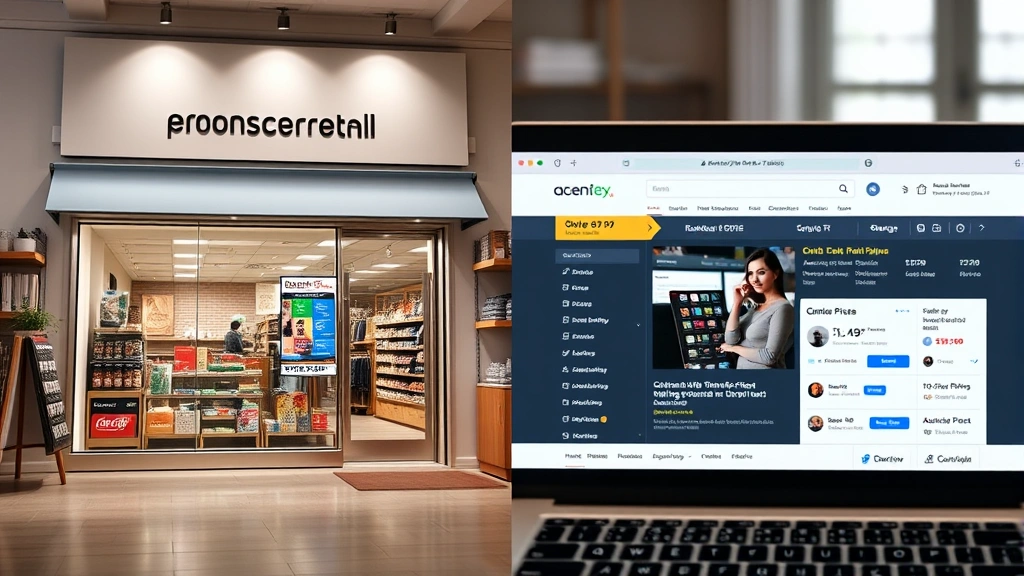 Split-screen comparison showing authorized retail storefront versus online marketplace seller interface, highlighting price differences and seller information, professional e-commerce setting