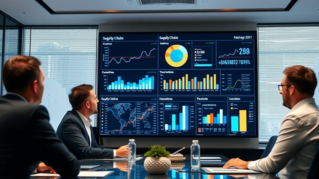 Business professionals in conference room reviewing data analytics dashboard on large display screen, charts showing supply chain metrics and market intelligence, serious analytical atmosphere