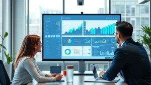 Professional business team reviewing analytics dashboard on large monitor displaying growth charts and market data, modern office environment with collaborative workspace, natural lighting emphasizing data visualization