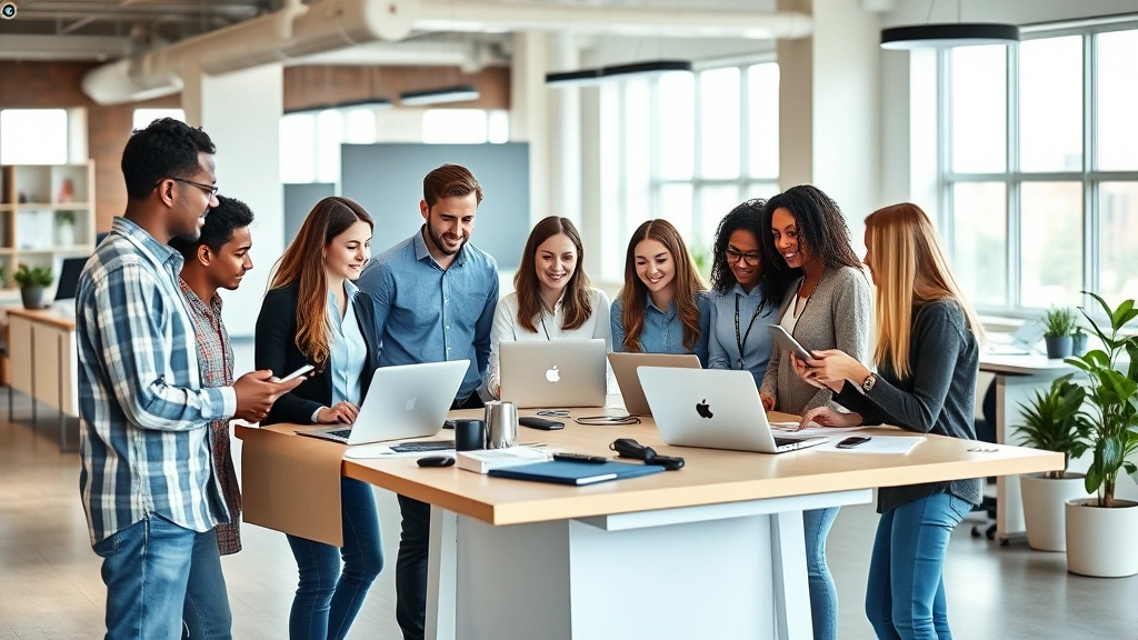 Diverse technology professionals in open office collaborating around standing desk with laptops and tablets, casual professional attire, bright modern workspace demonstrating team dynamics and innovation culture