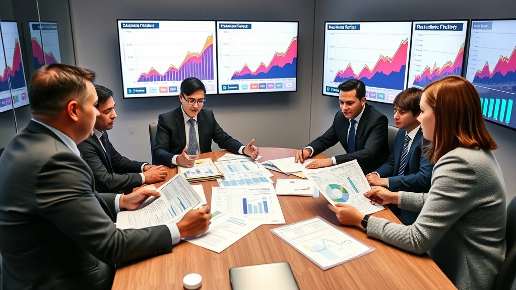 Executive leadership team in conference room examining strategic market positioning documents and financial reports, modern boardroom with digital displays showing business metrics and growth trajectories