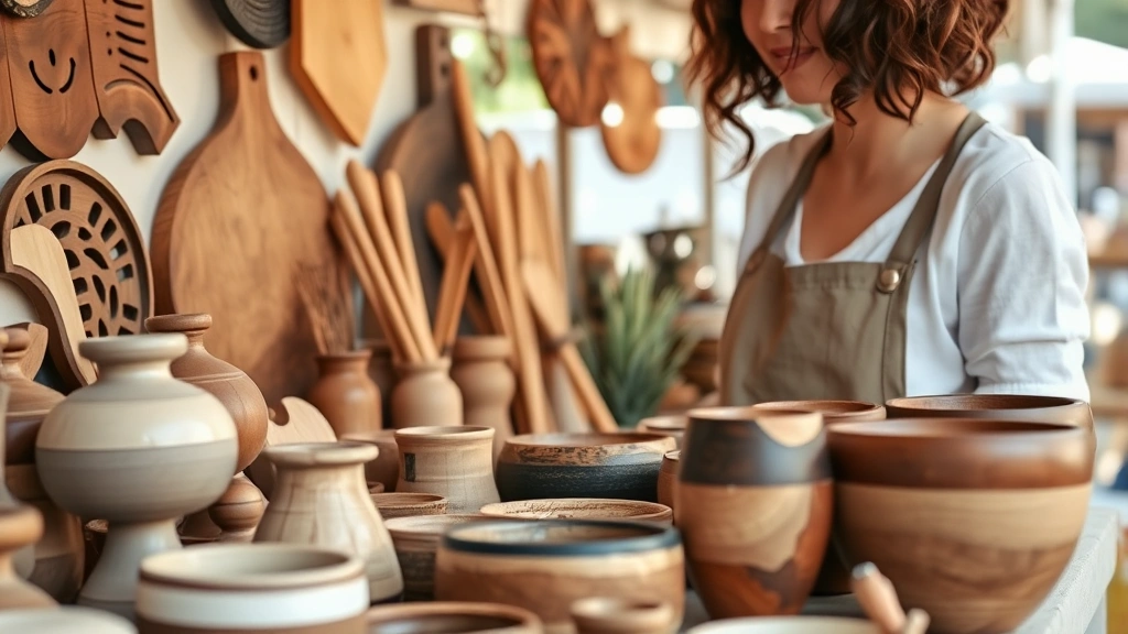 Close-up of artisan vendor displaying handcrafted wooden home décor pieces, ceramic pottery, and wooden bowls at outdoor market stall with natural lighting