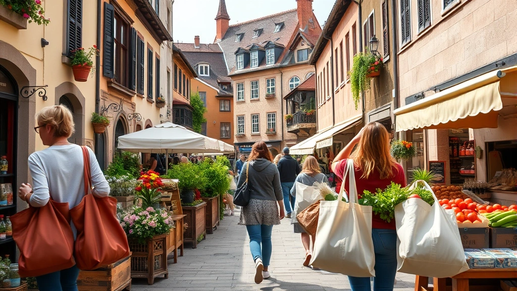 Wide shot of charming historic district marketplace with local shoppers carrying reusable bags filled with fresh produce, flowers, and artisanal products, historic buildings in background
