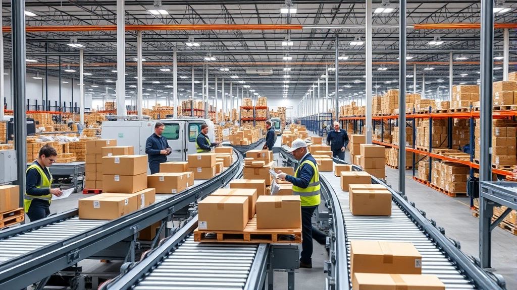 Professional ecommerce fulfillment center with workers managing inventory, conveyor belts, and automated sorting systems in modern warehouse facility