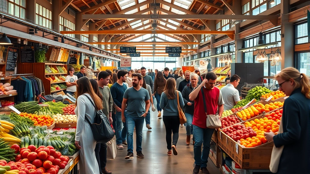 Professional photograph of a modern farmers market interior with diverse customers shopping at vendor stalls displaying fresh produce, warm natural lighting, clean wooden displays, bustling but organized atmosphere