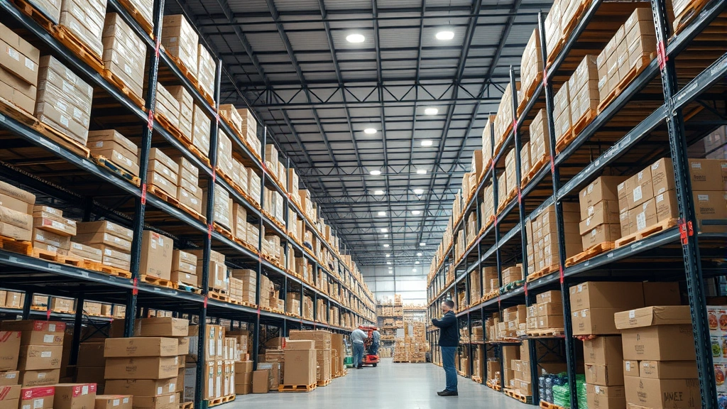 Wide-angle shot of supply chain logistics facility showing organized inventory management with staff efficiently organizing products on shelves, modern warehouse lighting, professional atmosphere, boxes and produce storage