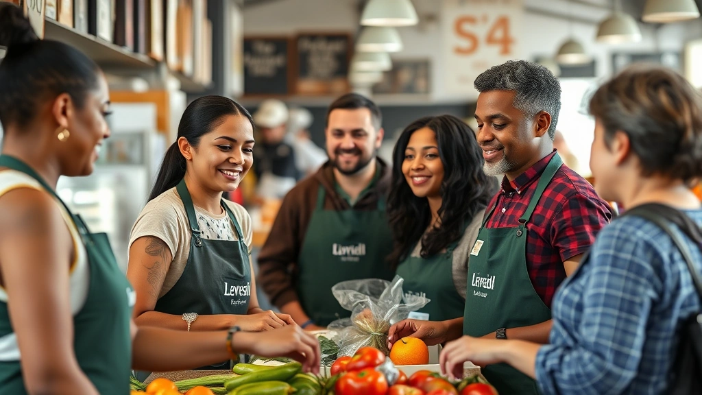 Authentic candid image of market employees assisting diverse customers with genuine smiles, discussing products near fresh food displays, warm community-focused interaction, natural lighting emphasizing human connection