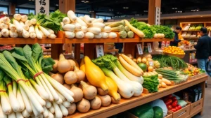 Japanese produce display with fresh daikon radishes, kabocha squash, shiso leaves, and seasonal vegetables arranged professionally on wooden shelving in a specialty grocery store, natural lighting highlighting product quality and freshness, customers browsing in background