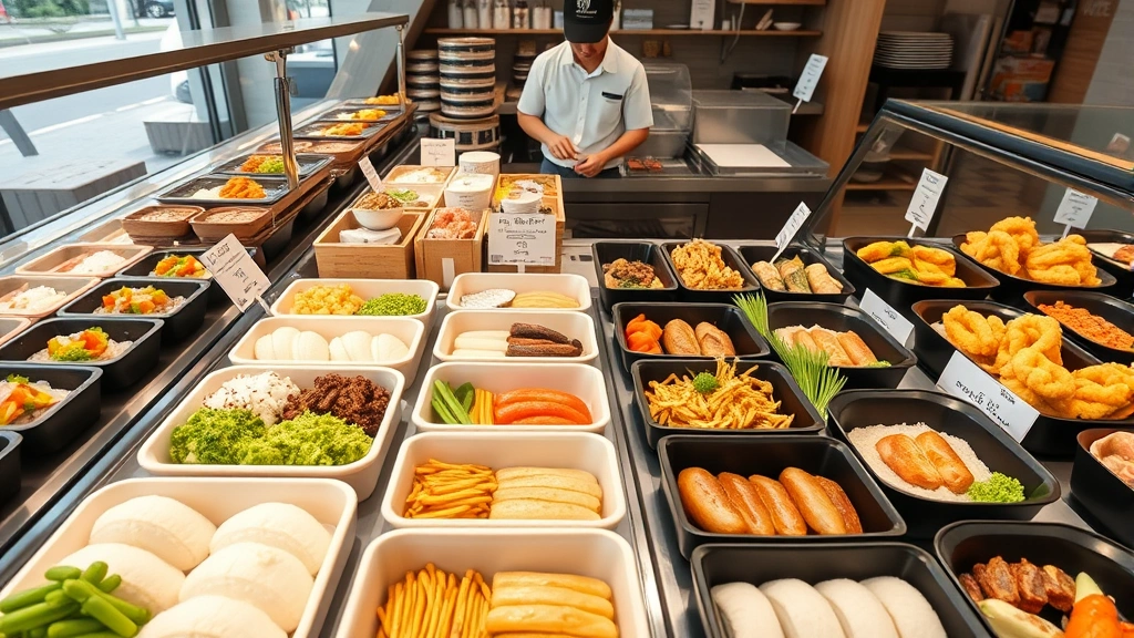 Overhead view of prepared Japanese food counter showing bento boxes, onigiri, tempura, and other ready-to-eat items in display cases with professional food photography styling, Japanese staff member in background preparing fresh items, clean modern retail environment