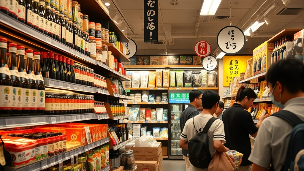 Interior of Japanese specialty market showing organized shelving with Japanese pantry staples including soy sauce bottles, sake bottles, miso containers, nori packages, and specialty snacks, warm retail lighting, customers shopping, cultural signage visible, professional commercial photography